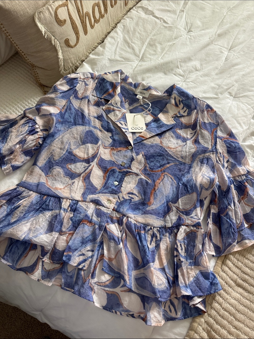 CeCe Blue and Cream Abstract Ruffle Button-Up Top - Picture 5 of 9